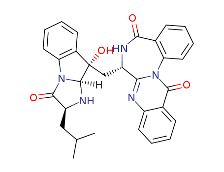 93413-04-8,Asperlicin,Quinazolino[3,2-a][1,4]benzodiazepine-5,13-dione,6,7-dihydro-7-[[2,3,9,9a-tetrahydro-9-hydroxy-2-(2-methylpropyl)-3-oxo-1H-imidazo[1,2-a]indol-9-yl]methyl]-,[2S-[2a,9b,9(R*),9ab]]-; 1H-Imidazo[1,2-a]indole, quinazolino[3,2-a][1,4]benzodiazepine-5,13-dionederiv.; (-)-Asperlicin; Asperlicin