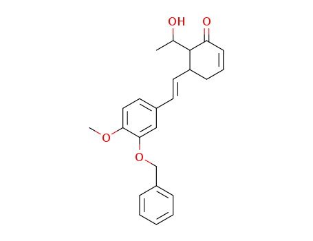 Molecular Structure of 62096-10-0 (2-Cyclohexen-1-one,
6-(1-hydroxyethyl)-5-[2-[4-methoxy-3-(phenylmethoxy)phenyl]ethenyl]-)