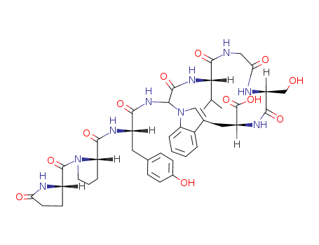 Molecular Structure of 125708-06-7 (L-Tryptophan,L-valylglycyl-L-seryl-1-[(R)-carboxy[(5-oxo-L-prolyl-L-prolyl-L-tyrosyl)amino]methyl]-,(41®1)-lactam)