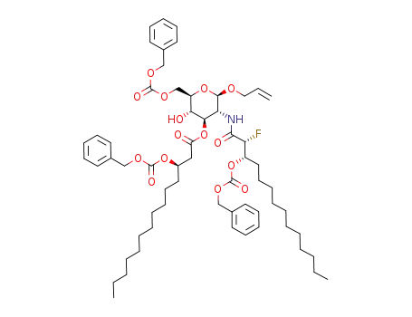 Molecular Structure of 132791-86-7 (allyl 6-O-benzyloxycarbonyl-2-<(2R,3S)-3-(benzyloxycarbonyloxy)-2-fluorotetradecanamido>-3-O-<(3R)-3-(benzyloxycarbonyloxy)tetradecanoyl>-2-deoxy-β-D-glucopyranoside)