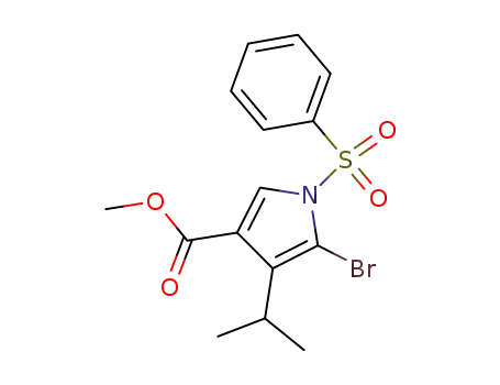 Molecular Structure of 881674-97-1 (1H-Pyrrole-3-carboxylic acid,
5-bromo-4-(1-methylethyl)-1-(phenylsulfonyl)-, methyl ester)