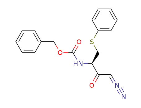 Molecular Structure of 159878-00-9 (Carbamic acid, [(1R)-3-diazo-2-oxo-1-[(phenylthio)methyl]propyl]-,
phenylmethyl ester)