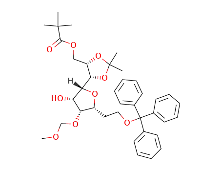 Molecular Structure of 195316-40-6 (2,2-Dimethyl-propionic acid (4S,5S)-5-[(2R,3R,4R,5R)-3-hydroxy-4-methoxymethoxy-5-(2-trityloxy-ethyl)-tetrahydro-furan-2-yl]-2,2-dimethyl-[1,3]dioxolan-4-ylmethyl ester)