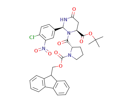 Molecular Structure of 189256-38-0 (4-Pyrimidinecarboxylic acid,
2-(4-chloro-3-nitrophenyl)-3-[[(2S)-1-[(9H-fluoren-9-ylmethoxy)carbonyl]-
2-pyrrolidinyl]carbonyl]hexahydro-6-oxo-, 1,1-dimethylethyl ester,
(2S,4S)-)