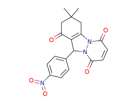 Molecular Structure of 1091592-76-5 (3,3-dimethyl-11-(4-nitrophenyl)-3,4-dihydro-1H-pyridazino[1,2-a]indazole-1,6,9(2H,11H)-trione)