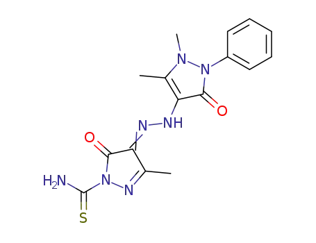 Molecular Structure of 624746-31-2 (4-(2-(1,5-dimethyl-3-oxo-2-phenyl-2,3-dihydro-1H-pyrazol-4-yl)hydrazono)-3-methyl-5-oxo-4,5-dihydro-1H-pyrazole-1-carbothioamide)