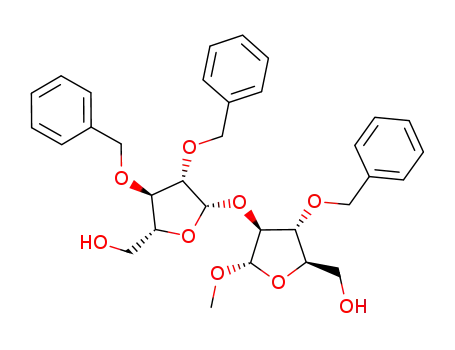 Molecular Structure of 1236193-41-1 (methyl 2,3-di-O-benzyl-β-D-arabinofuranosyl-(1->2)-3-O-benzyl-α-D-arabinofuranoside)