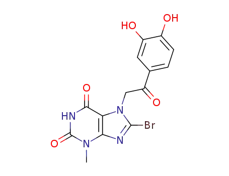 Molecular Structure of 101072-13-3 (8-bromo-7-[2-(3,4-dihydroxyphenyl)-2-oxoethyl]-3-methyl-3,7-dihydro-1H-purine-2,6-dione)