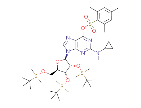 Molecular Structure of 1203555-56-9 (2',3',5'-tris-O-(tert-butyldimethylsilyl)-N<sub>2</sub>-cyclopropyl-O<sub>6</sub>-(mesitylsulfonyl)guanosine)