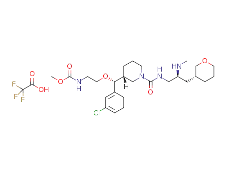 Molecular Structure of 1013937-63-7 (CARBAMIC ACID, N-[2-[(R)-(3-CHLOROPHENYL)[(3R)-1-[[[(2S)-2-(METHYLAMINO)-3-[(3R)-TETRAHYDRO-2H-PYRAN-3-YL]PROPYL]AMINO]CARBONYL]-3-PIPERIDINYL]METHOXY]ETHYL]-, METHYL ESTER, 2,2,2-TRIFLUOROACETATE (1:1))