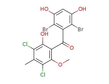 Molecular Structure of 1258391-68-2 ((2,6-dibromo-3,5-dihydroxyphenyl)(3,5-dichloro-2-hydroxy-6-methoxy-4-methylphenyl)methanone)