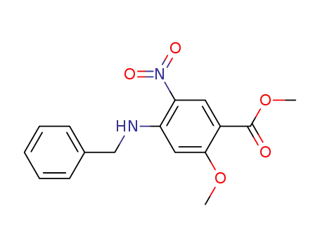 Molecular Structure of 89722-54-3 (Benzoic acid, 2-methoxy-5-nitro-4-[(phenylmethyl)amino]-, methyl ester)