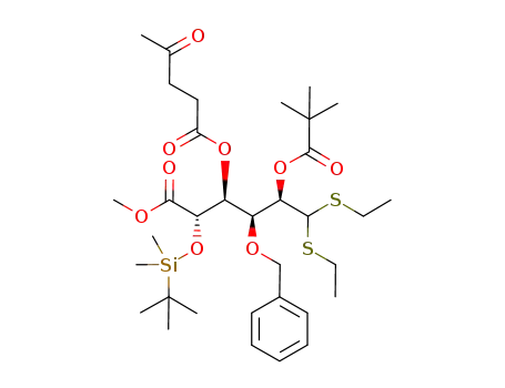 Molecular Structure of 945224-40-8 (methyl 2-O-pivaloyl-3-O-benzyl-4-O-levulinoyl-5-O-tert-butyldimethylsilyl-D-glucuronate di(ethylthio)acetal)
