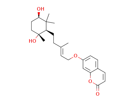 Molecular Structure of 51005-86-8 (7-[[(E)-5-[(1R)-3α,6α-Dihydroxy-2,2,6-trimethylcyclohexyl]-3-methyl-2-pentenyl]oxy]-2H-1-benzopyran-2-one)