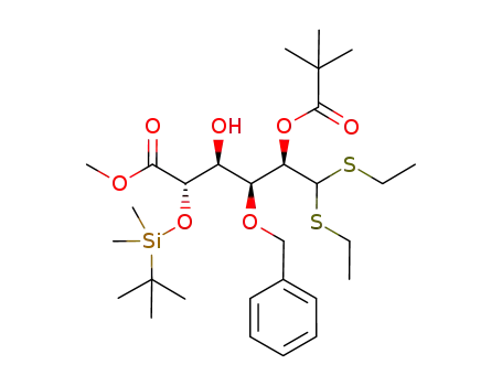 Molecular Structure of 945224-39-5 (methyl 2-O-pivaloyl-3-O-benzyl-5-O-tert-butyldimethylsilyl-D-glucuronate di(ethylthio)acetal)