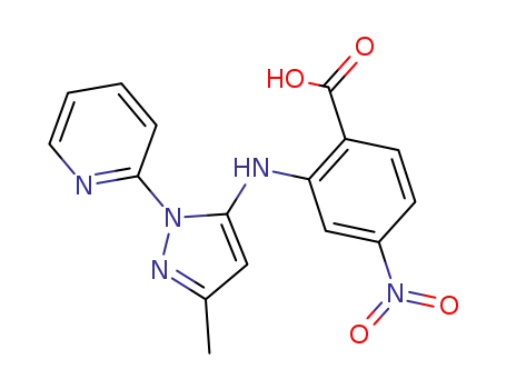 Molecular Structure of 364727-81-1 (2-[[3-methyl-1-(2-pyridinyl)-1H-pyrazol-5-yl]amino]-4-nitrobenzoic acid)