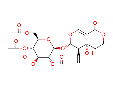 Molecular Structure of 10289-37-9 (1H,3H-Pyrano[3,4-c]pyran-1-one,5-ethenyl-4,4a,5,6-tetrahydro-4a-hydroxy-6-[(2,3,4,6-tetra-O-acetyl-b-D-glucopyranosyl)oxy]-,(4aR,5R,6S)- (9CI))