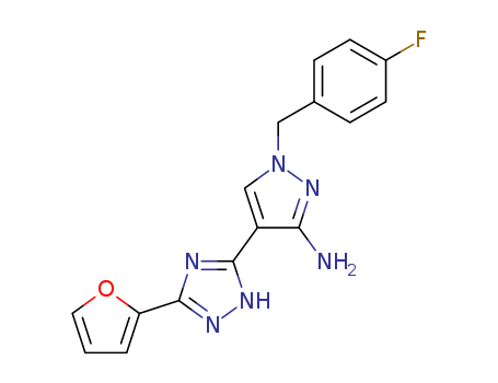 Molecular Structure of 154909-90-7 (1H-Pyrazol-3-amine,
1-[(4-fluorophenyl)methyl]-4-[5-(2-furanyl)-1H-1,2,4-triazol-3-yl]-)