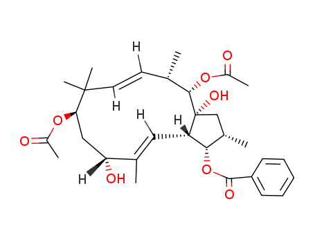 Molecular Structure of 90052-85-0 ((1S,2S,3aR,4S,5S,6E,9R,11R,12E,13aS)-1,2,3,4,5,8,9,10,11,13a-Decahydro-2,5,8,8,12-pentamethyl-3aH-cyclopentacyclododecene-1,3a,4,9,11-pentol 4,9-diacetate 1-benzoate)