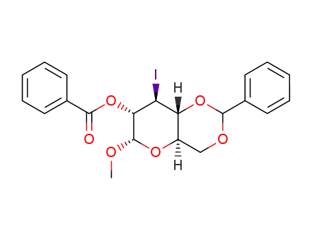 Molecular Structure of 127244-71-7 (methyl 2-O-benzoyl-4,6-O-benzylidene-3-deoxy-3-iodo-α-D-glucopyranoside)