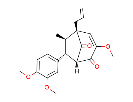 140669-89-2,Kadsurenin D,Bicyclo[3.2.1]oct-3-ene-2,8-dione,7-(3,4-dimethoxyphenyl)-3-methoxy-6-methyl-5-(2-propenyl)-, (1S,5S,6R,7R)-(9CI); Bicyclo[3.2.1]oct-3-ene-2,8-dione,7-(3,4-dimethoxyphenyl)-3-methoxy-6-methyl-5-(2-propenyl)-,[1S-(6-endo,7-exo)]-; Kadsurenin D