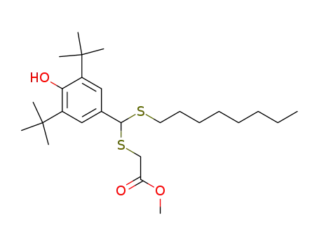 Molecular Structure of 176843-24-6 (2,6-di-t-butyl-4-<<(methoxycarbonyl)methylthio>(octylthio)methyl>phenol)