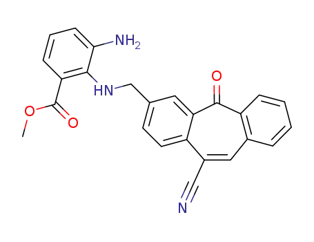 Molecular Structure of 169270-81-9 (methyl 3-amino-2-<<(11-cyano-5-oxo-5H-dibenzo<a,d>cyclohepten-3-yl)methyl>amino>benzoate)