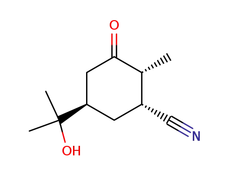 Molecular Structure of 137588-59-1 ((-)-(5R,3R,2R)-5-(1-HYDROXY-1-METHYLETHYL)-3-CYANO-2-METHYLCYLOHEXANONE)