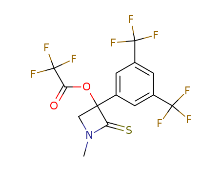 Molecular Structure of 184833-37-2 (Acetic acid, trifluoro-,
3-[3,5-bis(trifluoromethyl)phenyl]-1-methyl-2-thioxo-3-azetidinyl ester)