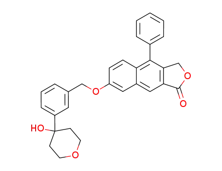 Molecular Structure of 144801-00-3 (Naphtho[2,3-c]furan-1(3H)-one,4-phenyl-7-[[3-(tetrahydro-4-hydroxy-2H-pyran-4-yl)phenyl]methoxy]-)