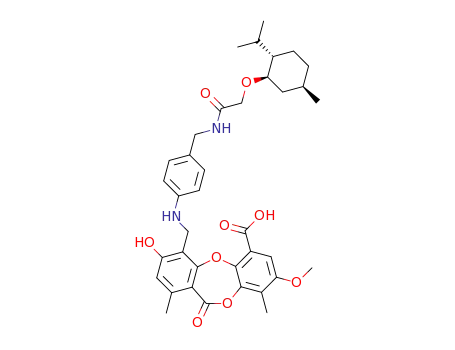 3-hydroxy-4-[(4-{[2-(2-isopropyl-5-methyl-cyclohexyloxy)-acetylamino]-methyl}-phenylamino)-methyl]-8-methoxy-1,9-dimethyl-11-oxo-11<i>H</i>-dibenzo[<i>b</i>,<i>e</i>][1,4]dioxepine-6-carboxylic acid