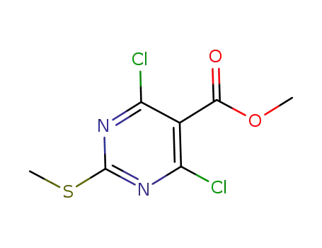 Molecular Structure of 883870-28-8 (5-Pyrimidinecarboxylic acid, 4,6-dichloro-2-(methylthio)-, methyl ester)