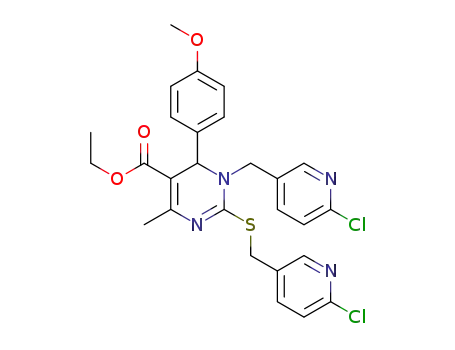Molecular Structure of 1313193-59-7 (ethyl 1-[1-(6-chloropyridin-3-yl-methyl)-2-(6-chloropyridin-3-yl-methylthio)-6-(4-methoxyphenyl)-4-methyl-1,6-dihydropyrimidin-5-yl]carboxylate)