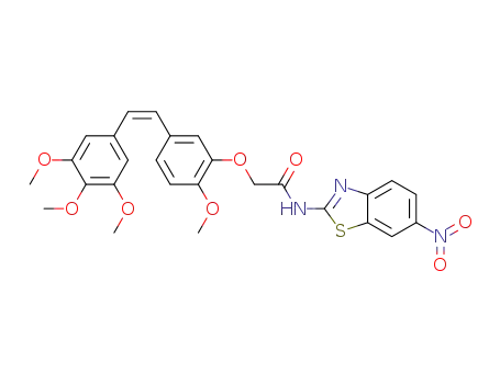 Molecular Structure of 1392442-09-9 (N<sub>1</sub>-(6-nitro-1,3-benzothiazol-2-yl)-2-{2-methoxy-5-[(Z)-2-(3,4,5-trimethoxyphenyl)-1-ethenyl]phenoxy}acetamide)