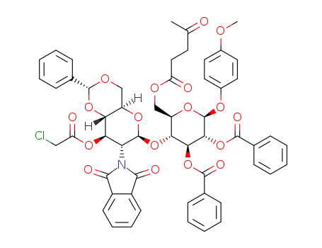 Molecular Structure of 1448540-29-1 (p-methoxyphenyl 4,6-di-O-benzylidene-3-O-chloroacetyl-2-deoxy-2-phthalimido-β-D-glucopyranosyl-(1→4)-2,4-di-O-benzoyl-6-O-levulinoyl-β-D-glucopyranoside)