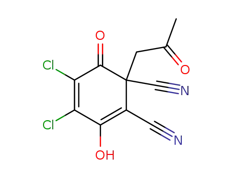 Molecular Structure of 1449251-40-4 (4,5-dichloro-3-hydroxy-6-oxo-1-(2-oxopropyl)cyclohexa-2,4-diene-1,2-dicarbonitrile)