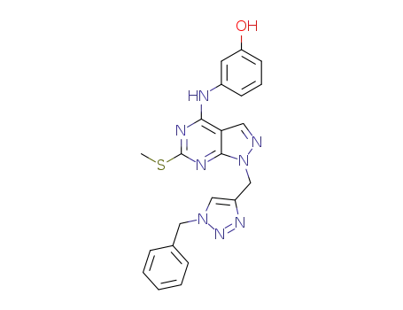 Molecular Structure of 1583285-03-3 (3-(1-((1-benzyl-1H-1,2,3-triazol-4-yl)methyl)-6-(methylthio)-1H-pyrazolo[3,4-d]pyrimidin-4-ylamino)phenol)