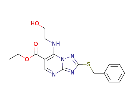 Molecular Structure of 51646-48-1 ([1,2,4]Triazolo[1,5-a]pyrimidine-6-carboxylic acid,
7-[(2-hydroxyethyl)amino]-2-[(phenylmethyl)thio]-, ethyl ester)