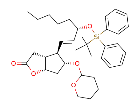 Molecular Structure of 101249-03-0 (3α,5α-dihydroxy-2β-<3α-((tert-butyldiphenylsilyl)oxy)-trans-1-octenyl>-1α-cyclopentaneacetic acid γ-lactone 3-(tetrahydropyranyl ether))