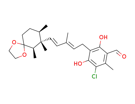 Molecular Structure of 99529-53-0 (Benzaldehyde,
3-chloro-4,6-dihydroxy-2-methyl-5-[(2E,4E)-3-methyl-5-[(6R,7R,8R)-6,7
,8-trimethyl-1,4-dioxaspiro[4.5]dec-7-yl]-2,4-pentadienyl]-)