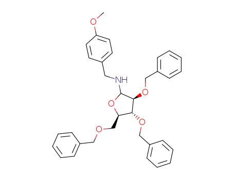Molecular Structure of 157831-24-8 (((3S,4R,5R)-3,4-Bis-benzyloxy-5-benzyloxymethyl-tetrahydro-furan-2-yl)-(4-methoxy-benzyl)-amine)