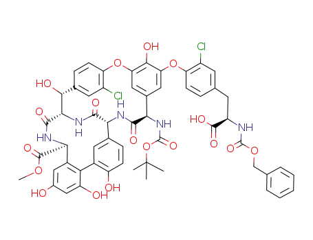 Molecular Structure of 164515-56-4 (6,9-Etheno-4,19-(iminomethano)-11,15:20,24-dimetheno-1H-10,2,18-benzoxadiazacyclohexacosine-1-carboxylicacid, 13-[4-[(2R)-2-carboxy-2-[[(phenylmethoxy)carbonyl]amino]ethyl]-2-chlorophenoxy]-8-chloro-16-[[(1,1-dimethylethoxy)carbonyl]amino]-2,3,4,5,16,17,18,19-octahydro-5,12,23,25,27-pentahydroxy-3,17,30-trioxo-,1-methyl ester, (1S,4S,5R,16R,19R)- (9CI))