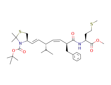 Molecular Structure of 219913-99-2 (methyl (2S,3Z,5S,6E)-2-(phenylmethyl)-5-isopropyl-7-<(5R)-N-<(tert-butyloxy)carbonyl>-2,2-dimethyl-4-thiazolidinyl>-2,6-heptadienyl methionine)