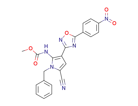 Molecular Structure of 821004-45-9 (Carbamic acid,
[5-cyano-3-[5-(4-nitrophenyl)-1,2,4-oxadiazol-3-yl]-1-(phenylmethyl)-1H-
pyrrol-2-yl]-, methyl ester)