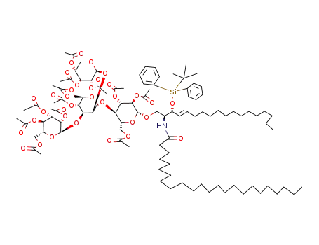 Molecular Structure of 128377-28-6 (O-(2,3,4,6-tetra-O-acetyl-α-D-manp)-(1->3)-O-<(2,3,4-tri-O-acetyl-β-D-xylp)-(1->2)>-O-(4,6-di-O-acetyl-β-D-manp)-(1->4)-O-(2,3,6-tri-O-acetyl-β-D-glucopyranosyl)-(1->1)-3-O-(tert-butyldiphenylsilyl)-2-N-tetracosanoyl-(4E)-sphingenine)