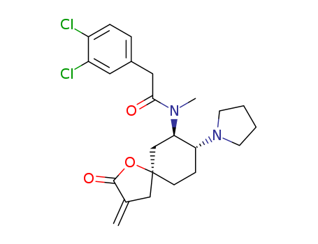 141269-53-6,3,4-dichloro-N-methyl-N-(3-methylene-2-oxo-8-(1-pyrrolidinyl)-1-oxaspiro(4,5)dec-7-yl)benzeneacetamide,Benzeneacetamide,3,4-dichloro-N-methyl-N-[3-methylene-2-oxo-8-(1-pyrrolidinyl)-1-oxaspiro[4.5]dec-7-yl]-,(5a,7a,8b)- (9CI); Benzeneacetamide,3,4-dichloro-N-methyl-N-[3-methylene-2-oxo-8-(1-pyrrolidinyl)-1-oxaspiro[4.5]dec-7-yl]-,(5a,7a,8b)-(?à)-; 1-Oxaspiro[4.5]decane,benzeneacetamide deriv.