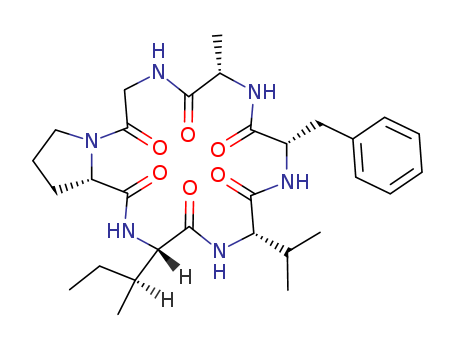 126594-35-2,cyclo(alanylglycylprolylisoleucylvalylphenylalanyl),CycloamanideA, 4-L-isoleucine-5-L-valine-;Pyrrolo[1,2-a][1,4,7,10,13,16]hexaazacyclooctadecine, cyclic peptide deriv.;Cyclo(L-alanylglycyl-L-prolyl-L-isoleucyl-L-valyl-L-phenylalanyl)