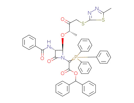 Molecular Structure of 130793-04-3 ({(2R,3R)-3-Benzoylamino-2-[(S)-1-methyl-3-(5-methyl-[1,3,4]thiadiazol-2-ylsulfanyl)-2-oxo-propoxy]-4-oxo-azetidin-1-yl}-(triphenyl-λ<sup>5</sup>-phosphanylidene)-acetic acid benzhydryl ester)