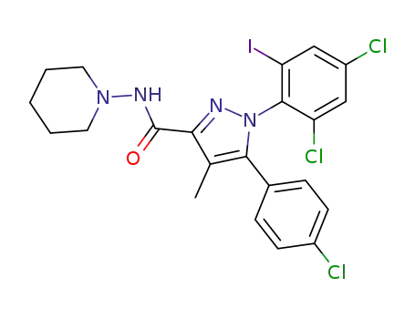 Molecular Structure of 170937-36-7 (N-(piperidin-1-yl)-5-(4-chlorophenyl)-1-(2,4-dichloro-6-iodophenyl)-4-methyl-1H-pyrazole-3-carboxamide)