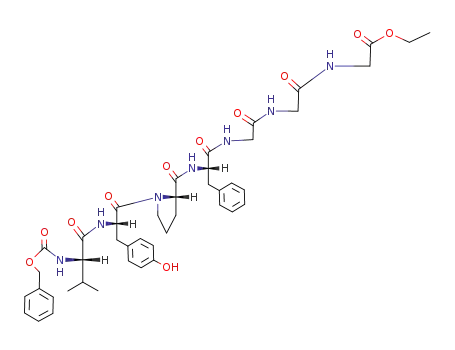 Molecular Structure of 90315-46-1 (Glycine,
N-[N-[N-[N-[1-[N-[N-[(phenylmethoxy)carbonyl]-L-valyl]-L-tyrosyl]-L-prolyl]-
L-phenylalanyl]glycyl]glycyl]-, ethyl ester)